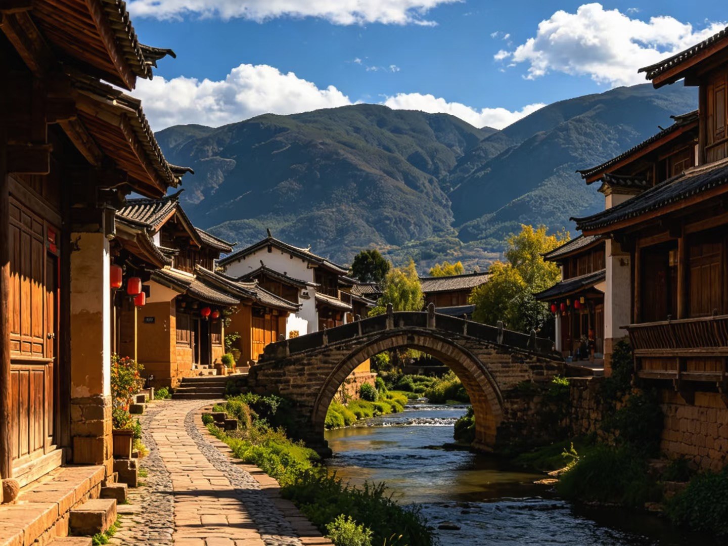 Stone bridge and traditional homes in Shaxi Ancient Town